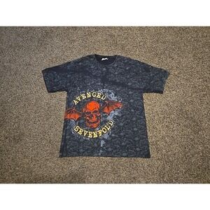 VTG Early 2000s Avenged Sevenfold Band Deathbat Skull All Over Print T Shirt (M)